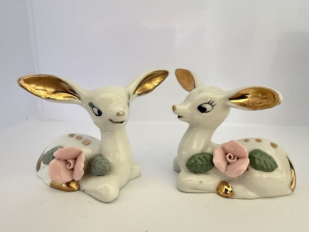Vintage 1950s Chase Japan Ceramic Deer Pair Gold Big Ear Fawn Pink Rose 3”